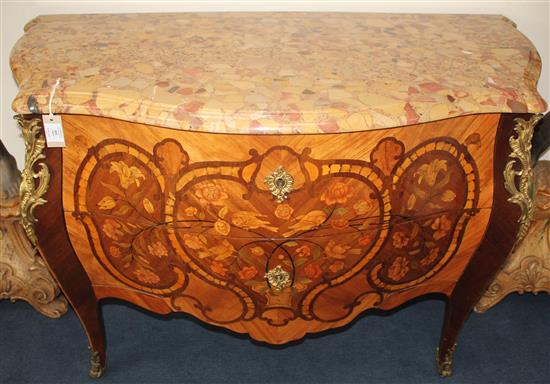 A Louis XV style fruitwood and ebony inlaid kingwood, tulipwood and marquetry commode, in the manner of Latz, W.4ft 1.5in. H.2ft 9in.